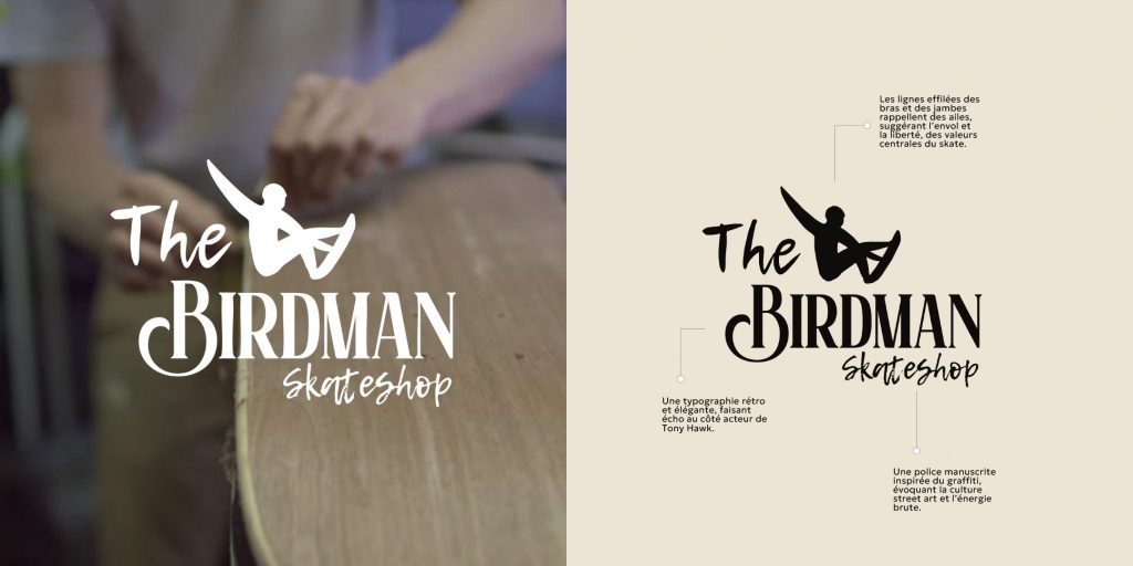 Logo The Birdman blanc superposé à une photo d’artisan fabriquant une planche de skate – détails du logo expliqués