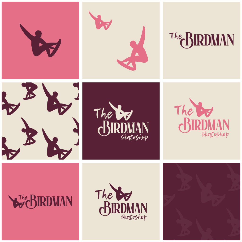 Déclinaisons du logo The Birdman et de la palette de couleurs – identité visuelle skateshop complète