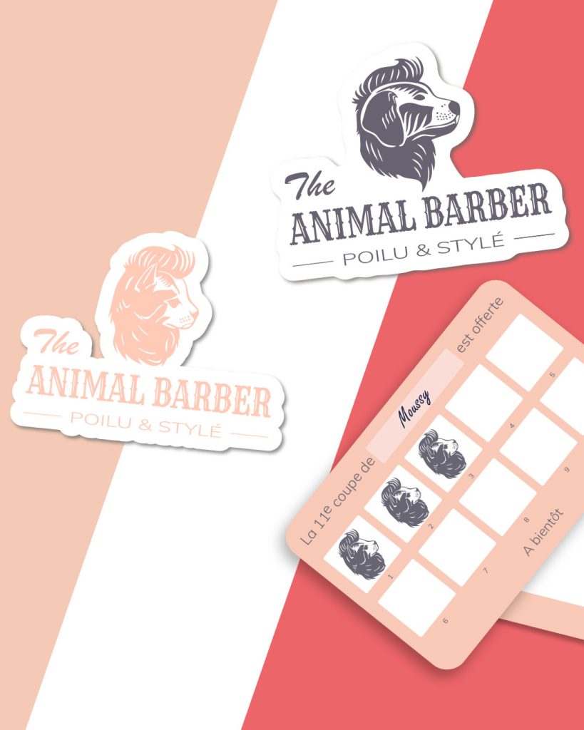 Stickers et carte de fidélité illustrée avec chat – création graphique pour salon de toilettage The Animals Barber