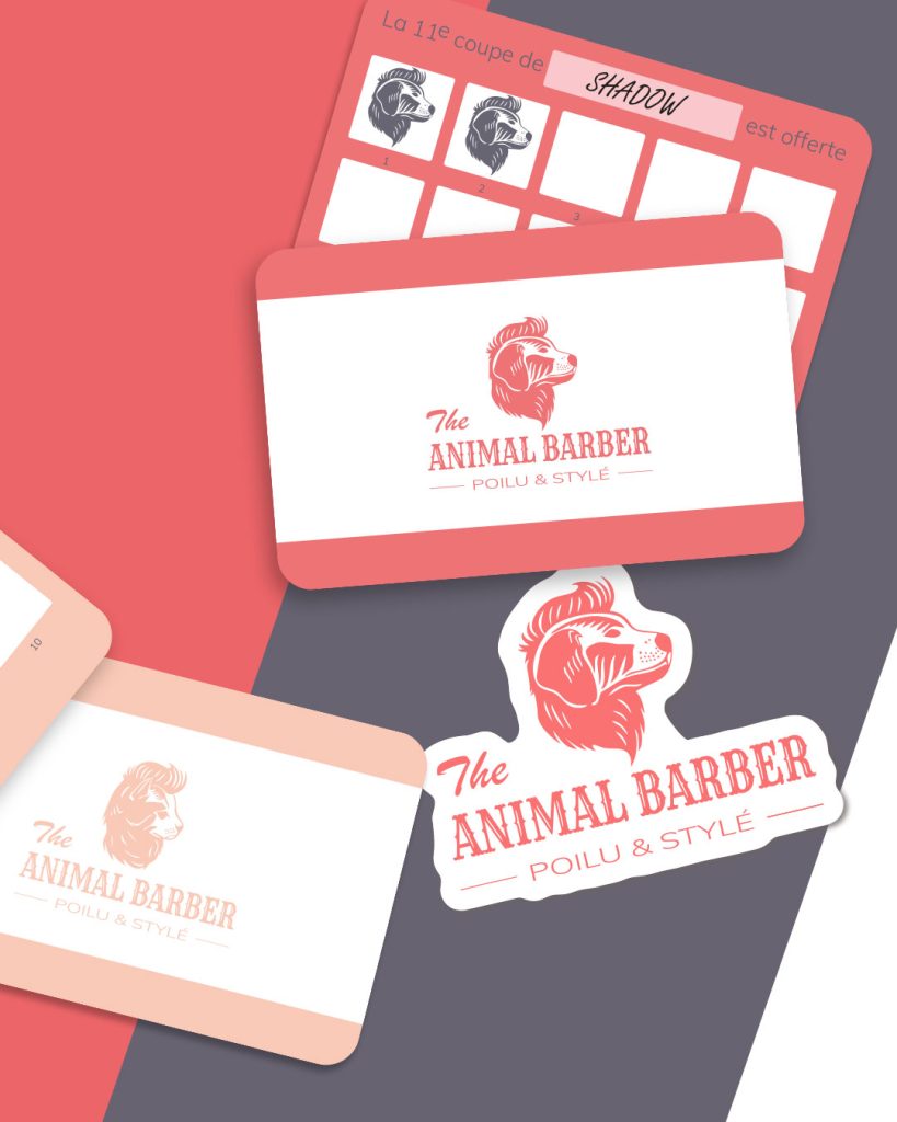 Stickers et carte de fidélité illustrée avec chien – branding chaleureux pour salon de toilettage