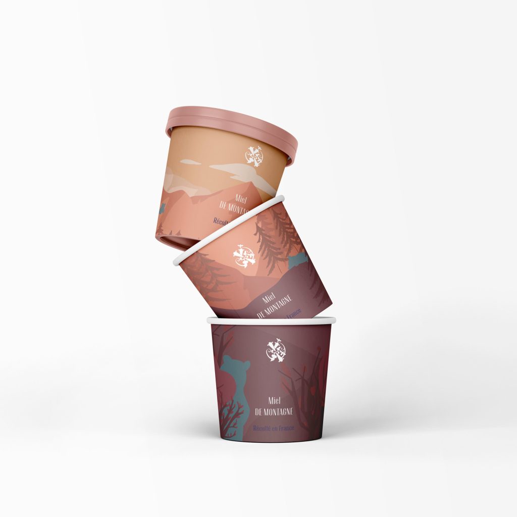 Trois pots de miel pour le packaging Maison du Miel - Réalisations en design graphique de Studio Yblou