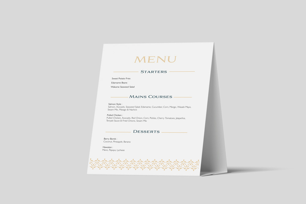 Menu du restaurant avec la charte graphique Keeahnoo – déclinaison d’identité visuelle