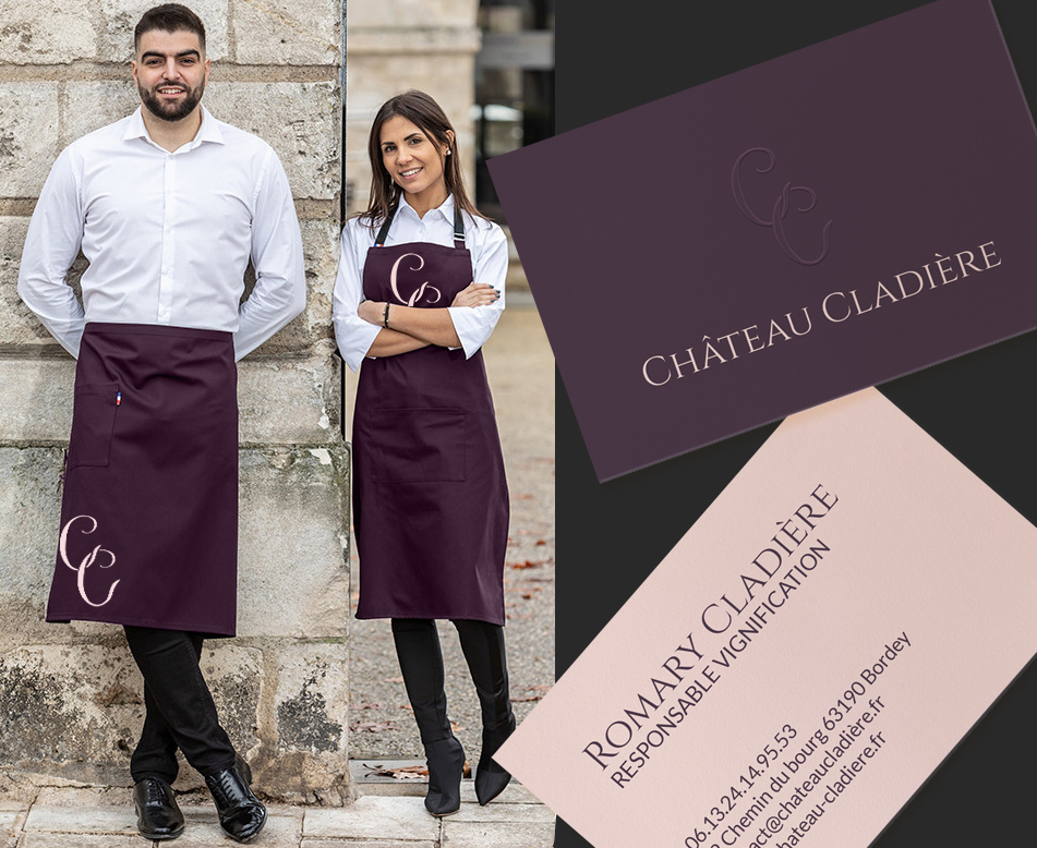Tablier brodé et cartes de visite – branding cohérent pour domaine viticole