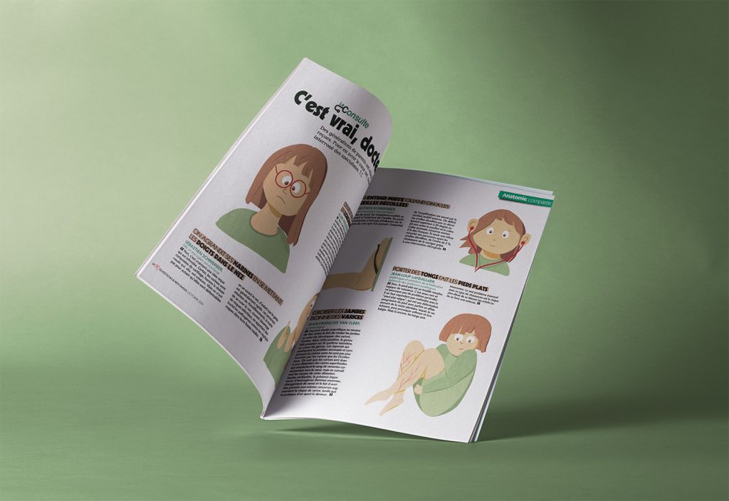 Double page illustrée sur les croyances populaires en santé – illustration éditoriale par Studio Yblou
