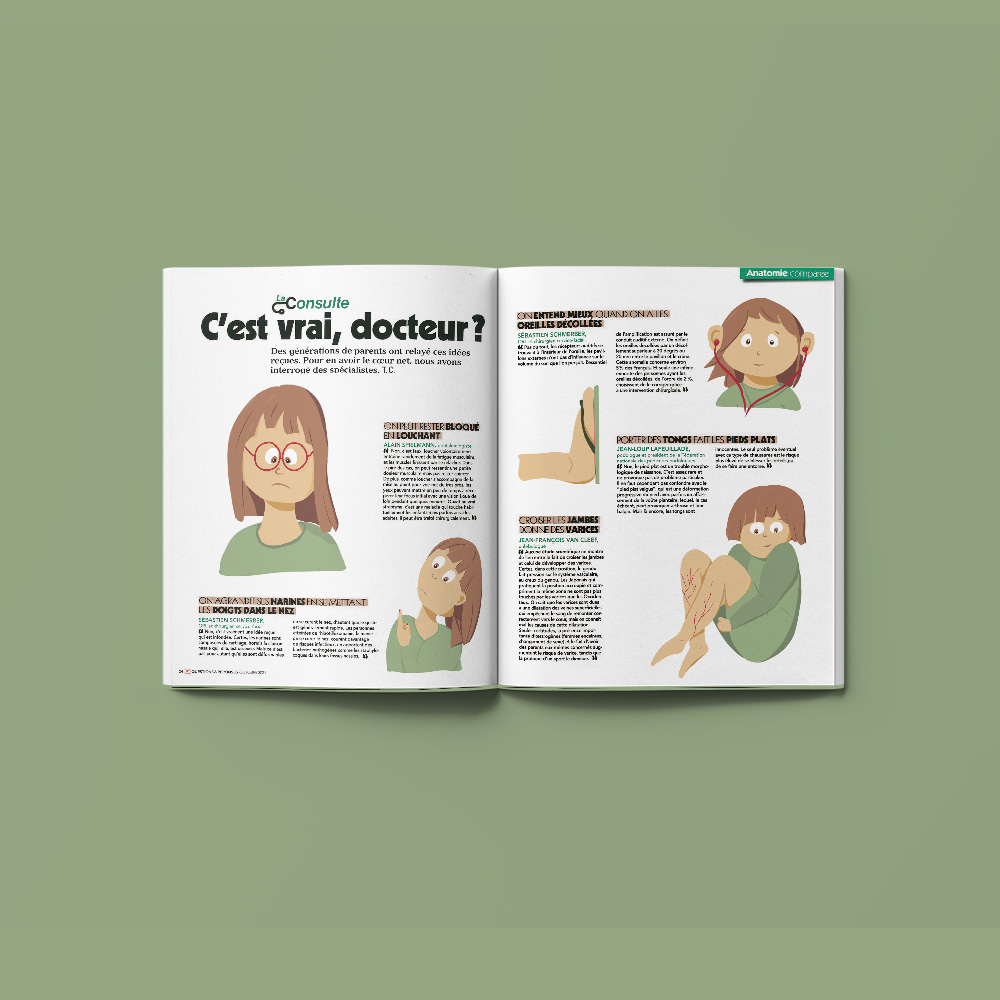 Visuel illustré pour un article de vulgarisation scientifique, avec cinq scènes liées à des mythes corporels.