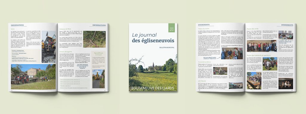 Aperçu du bulletin municipal 2025 d’Égliseneuve-des-Liards : extraits de pages intérieures et couverture conçus par Studio Yblou