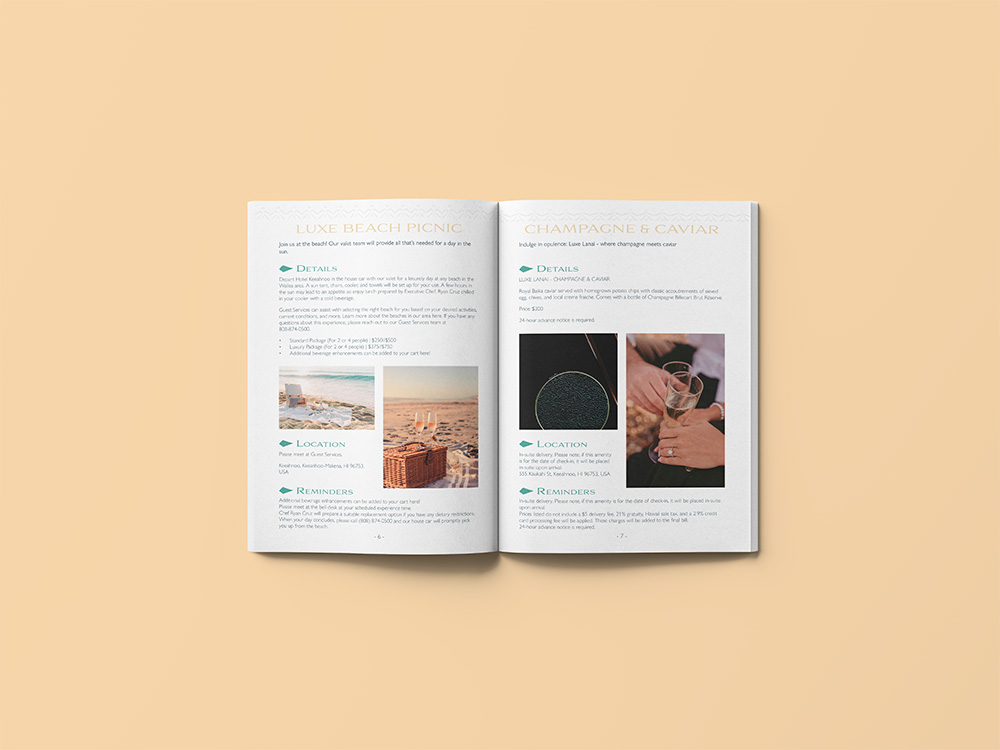 Pages intérieures de la brochure hôtel de luxe Keeahnoo sur fond jaune rosé