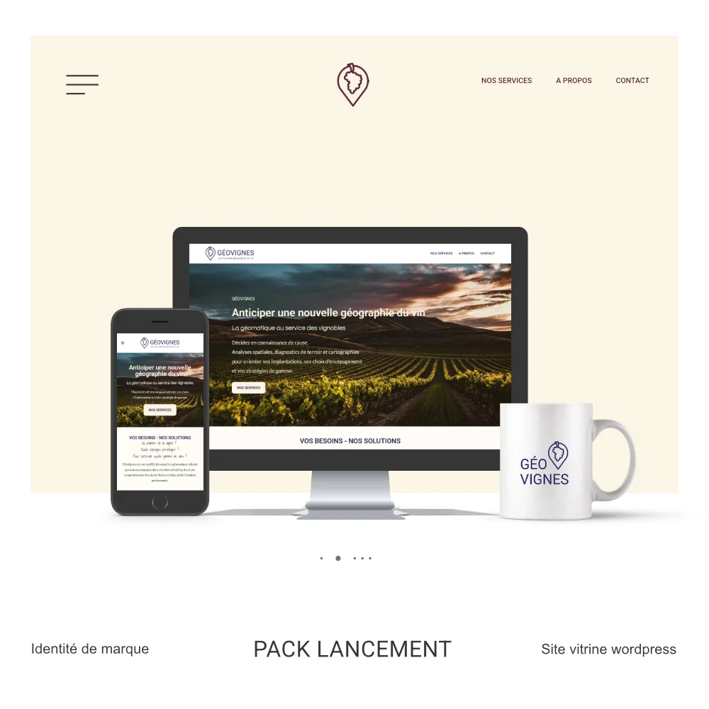 Ordinateur et téléphone affichant le site internet de Géovignes en accord avec l'identité visuelle déclinée sur un mug