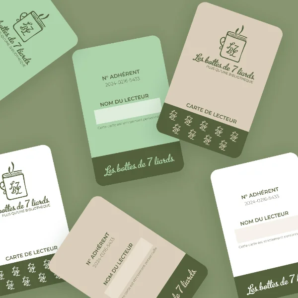 Cartes de lecteurs créées avec l'identité visuelle de la bibliothèque LB7L