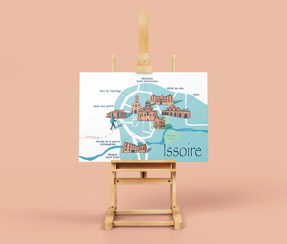 Illustration cartographique d’Issoire avec ses monuments – design graphique personnalisé
