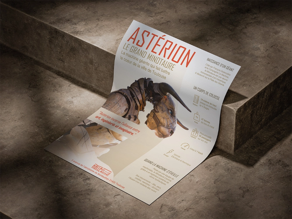 Mockup de l’infographie Astérion le grand Minotaure posée sur une marche